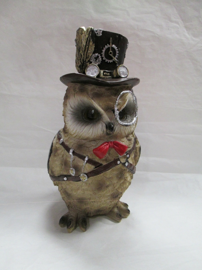 Gufo marrone con cappello steam punk, lente e fiocco rosso