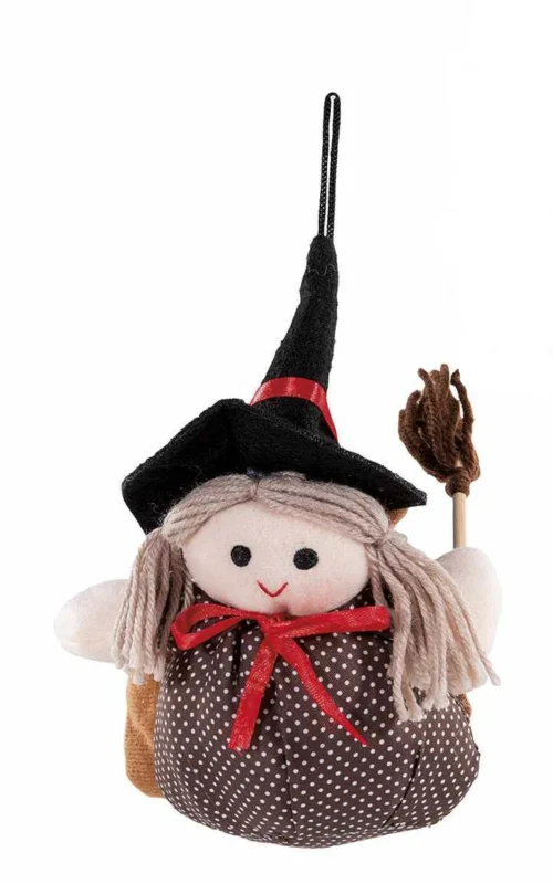 Befana marrone in stoffa da appendere con sacchetto porta dolci in stoffa