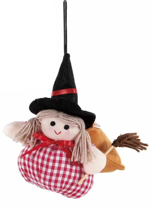 Befana rossa a pallini in stoffa da appendere con sacchetto portadolci