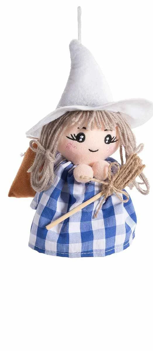 Befana in stoffa quadretti blu da appendere con scopa e con sacchetto portadolci Befana in stoffa quadretti blu da appendere con scopa e con sacchetto portadolci