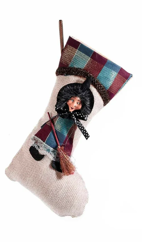 Calza befana azzurra in stoffa con decoro Befana in resina in rilievo, da appendere