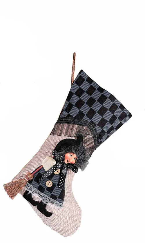 Calza Epifania in stoffa blu con decoro Befana in resina con scopetta da appendere