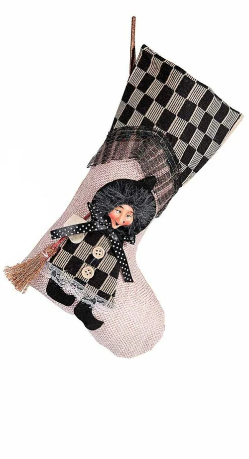 Calza Epifania in stoffa nera con decoro Befana in resina con scopetta da appendere