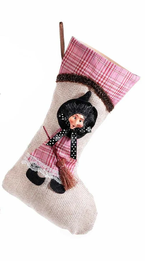 Calza befana rosa in stoffa con decoro Befana in resina in rilievo, da appendere