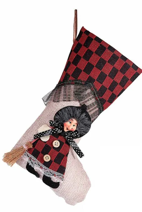 Calza epifania in stoffa rossa con decoro Befana in resina con scopetta da appendere
