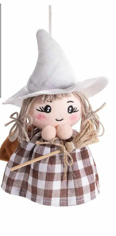 Befana in stoffa quadretti marrone da appendere con scopa e sacchetto portadolci Befana in stoffa quadretti marrone da appendere con scopa e sacchetto portadolci