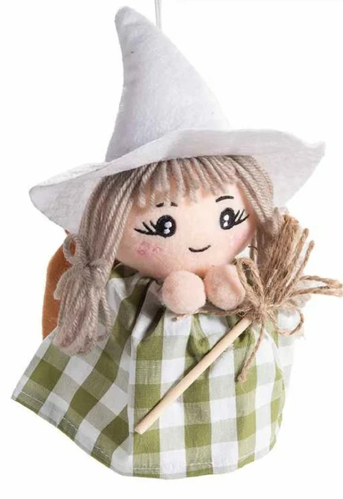 Befana in stoffa quadretti verde da appendere con scopa e con sacchetto portadolci