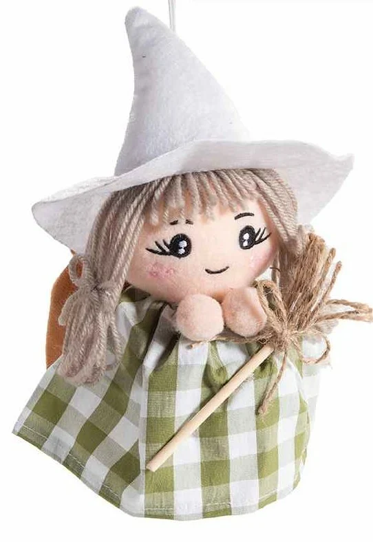 Befana in stoffa quadretti verde da appendere con scopa e con sacchetto portadolci Befana in stoffa quadretti verde da appendere con scopa e con sacchetto portadolci